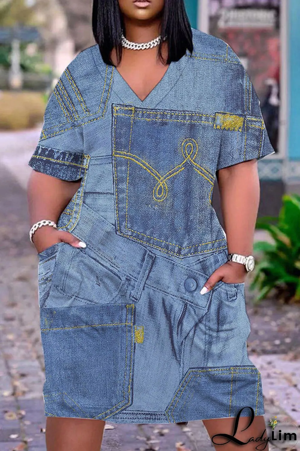 Light Blue Casual Print Basic V Neck Short Sleeve Dress Dresses