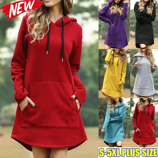New Women’S Fashion Warm Long Hoodies Dress Autumn Winter Solid Color Loose Long Sleeve Fleeces Sweatshirt Casual Women Hooded Hoody Hoodie S-5Xl Plus Size