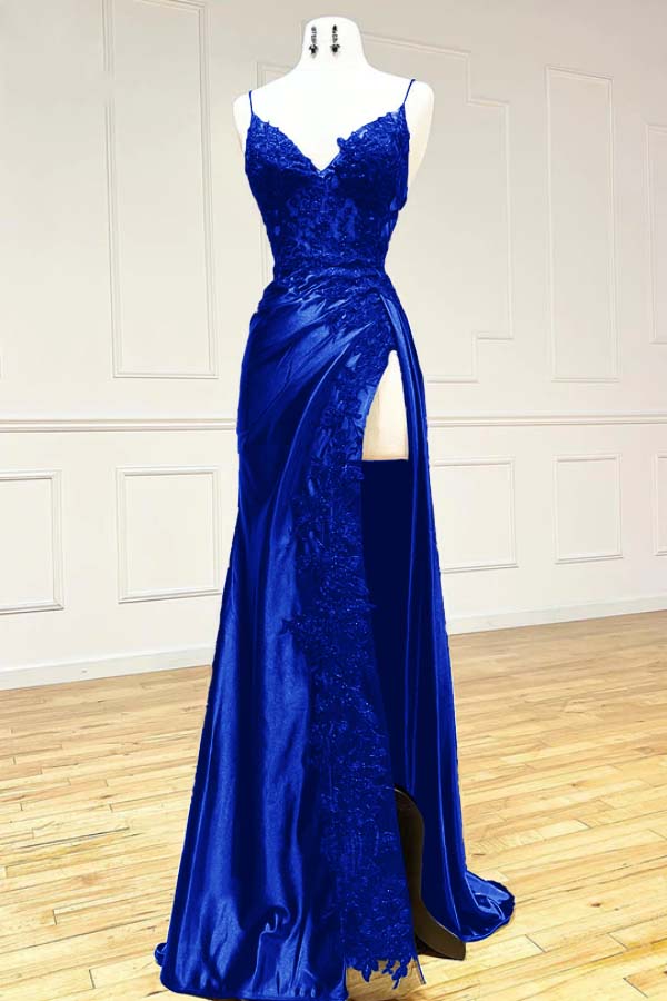 Daisda Black V Neck Spaghetti Strap Sleeveless Long Split Prom Dress with Embroidered
