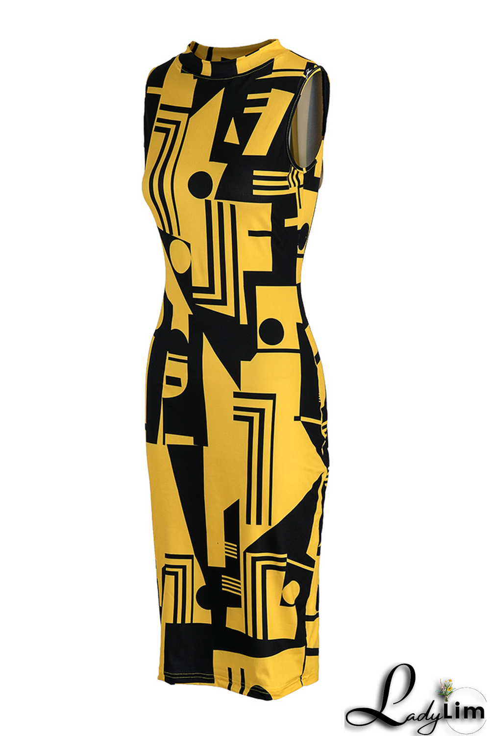 Yellow Casual Print Split Joint Half A Turtleneck Pencil Skirt Dresses