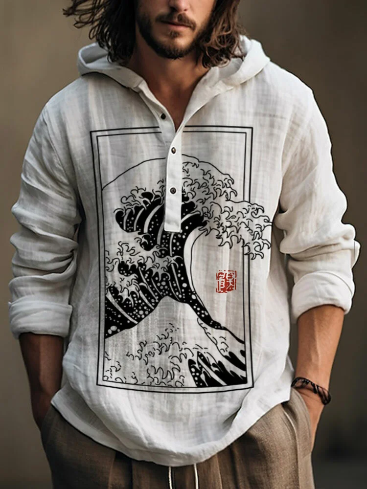 The Great Wave Japanese Lino Art Linen Blend Hooded Shirt