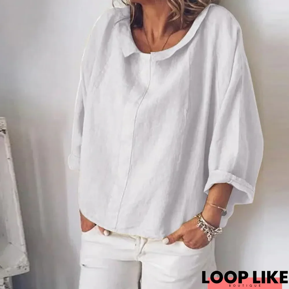 Women Long Sleeve Cotton Linen Casual Lapel Neck Tops Solid Blouse Tops Linen