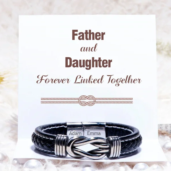 Personalized Name Leather Knot Bracelet "Father and Daughter Forever Linked Together"