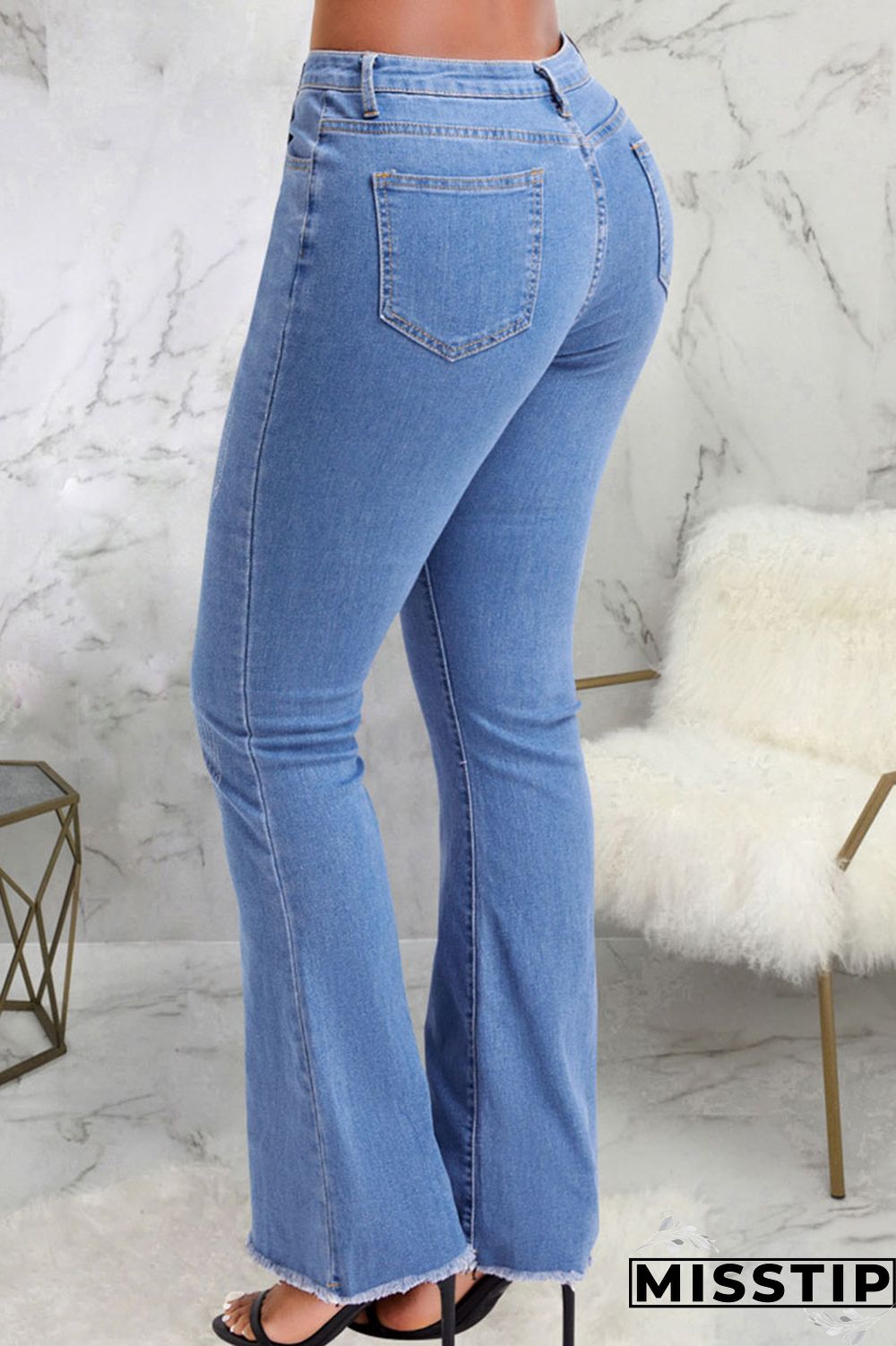 Blue Casual Solid Patchwork High Waist Denim Jeans