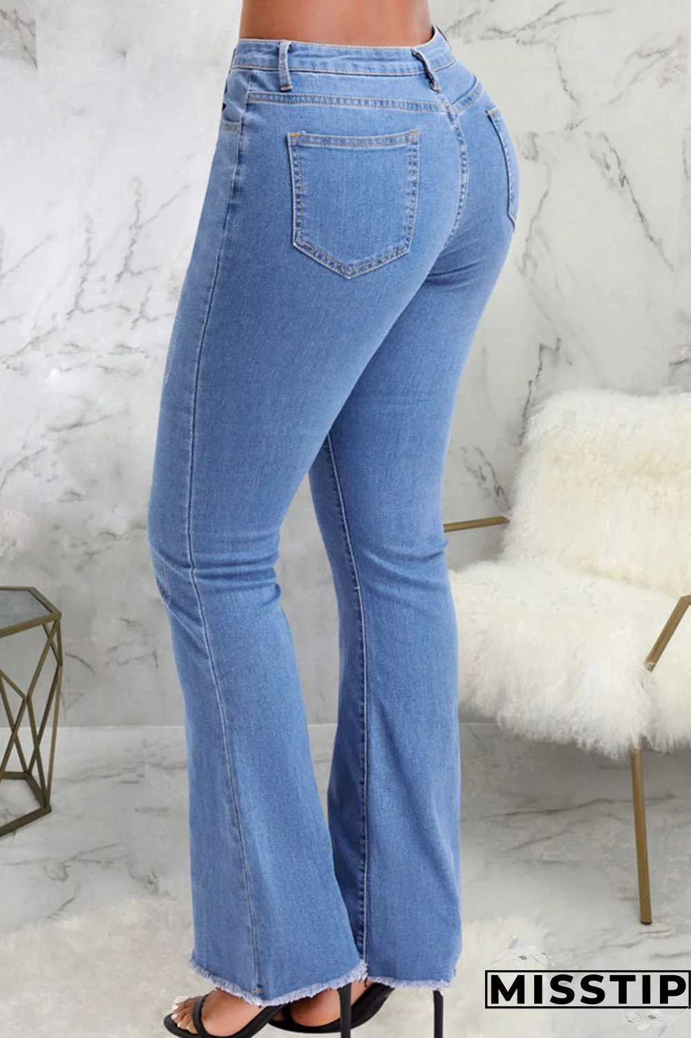 Blue Casual Solid Patchwork High Waist Denim Jeans
