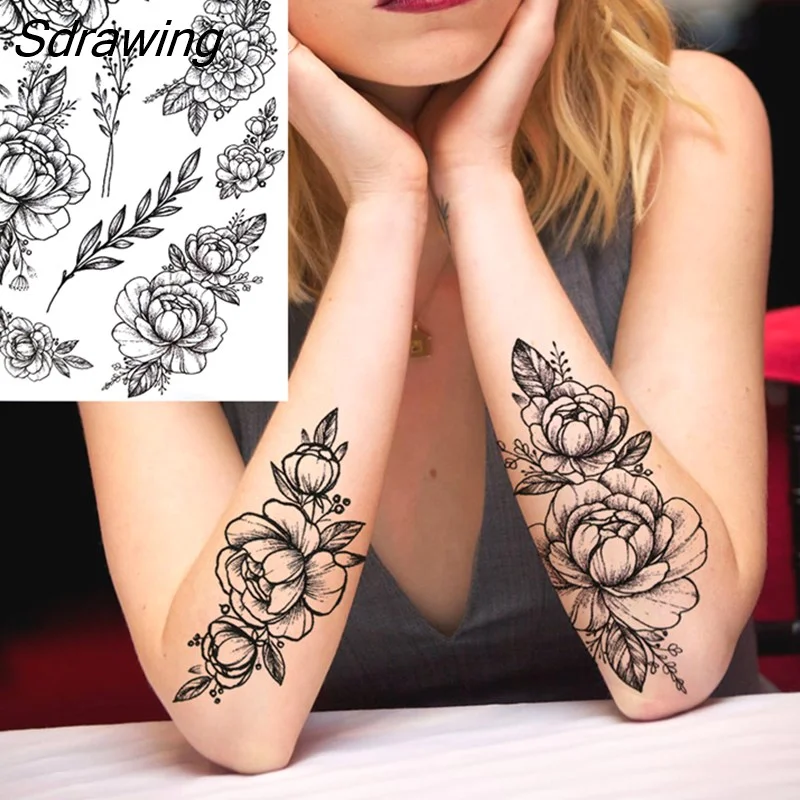 Sdrawing Lion Dahlia Temporary Tattoos For Women Adult Realistic Tiger Wolf Reindeer Snake Bird Fake Tattoo Sticker Washable Tatoos