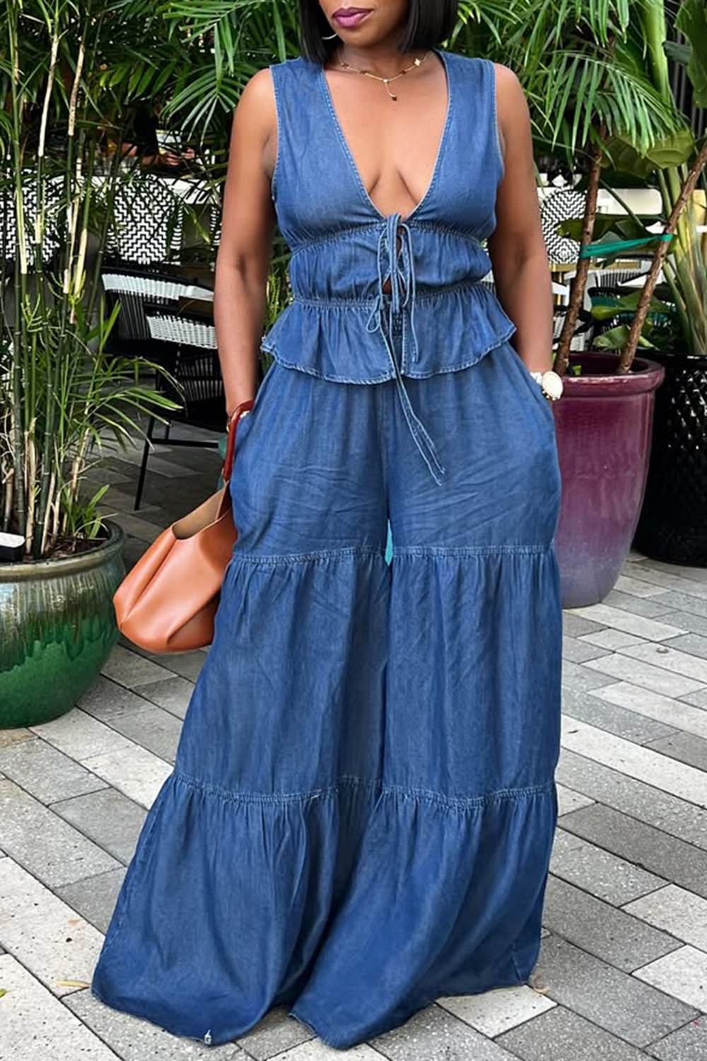 Plus Size Vacation Blue V Neck Pocket Lace Up Tencel Denim Two Piece Pant Sets