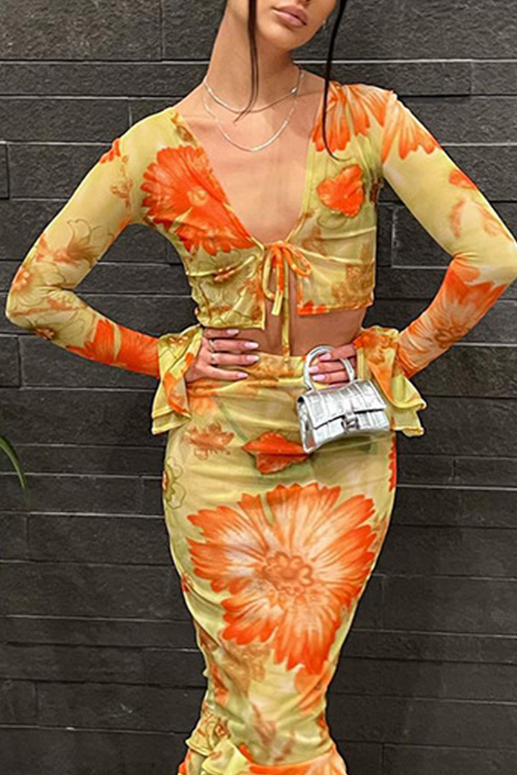 Yellow Fashion Print Split Joint V Neck Tops