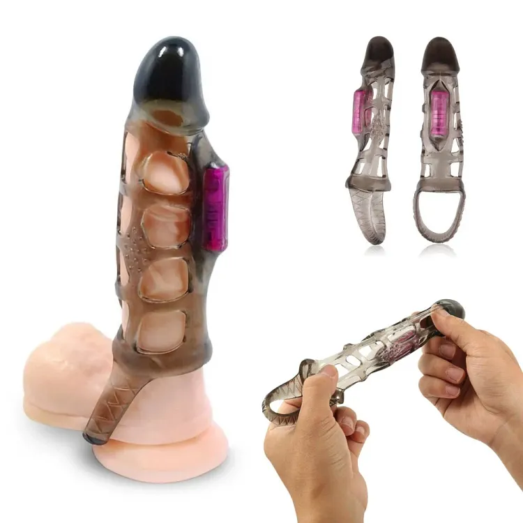 pornhint Pornhint Stretchy Vibrating Male Penis Extension Extender Sleeve Sheath Cock Cage for Men Vibrator