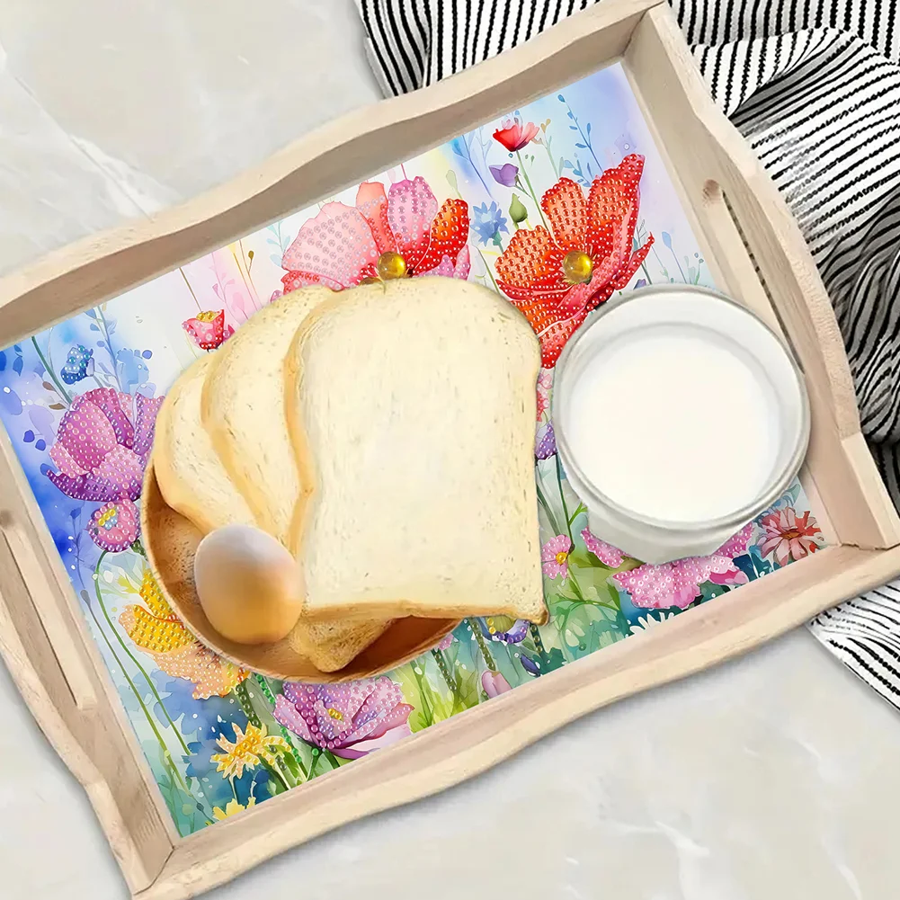 5D DIY Flower Diamond Painting Wooden Serving Tray with Handle for Desk