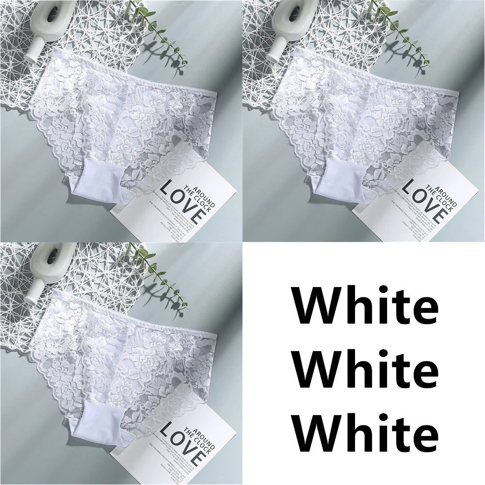 3Pcs Sexy Low Waist Women's Underwear Lace Plus Size Seamless Panties Breathable Lingerie Female Briefs Solid Hollow Underpants