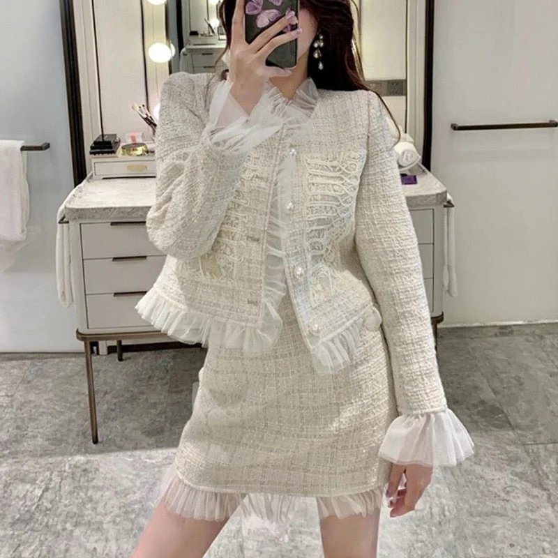 Graduation Gifts   Small Fragrance 2022 New Spring Fall Vintage Skirt 2 Piece Set Women Luxury Buttons Woolen Tweed Jacket Short Coat + Skirt Suits