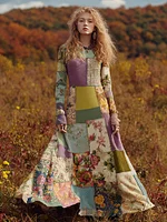 Women's Retro Floral Patchwork Art Cozy Knit Maxi Sweater Dress