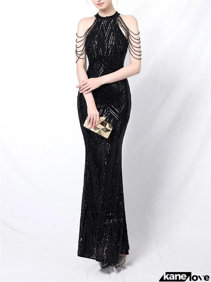 Exquisite Sequined Halter Neck Dress for Evening Party