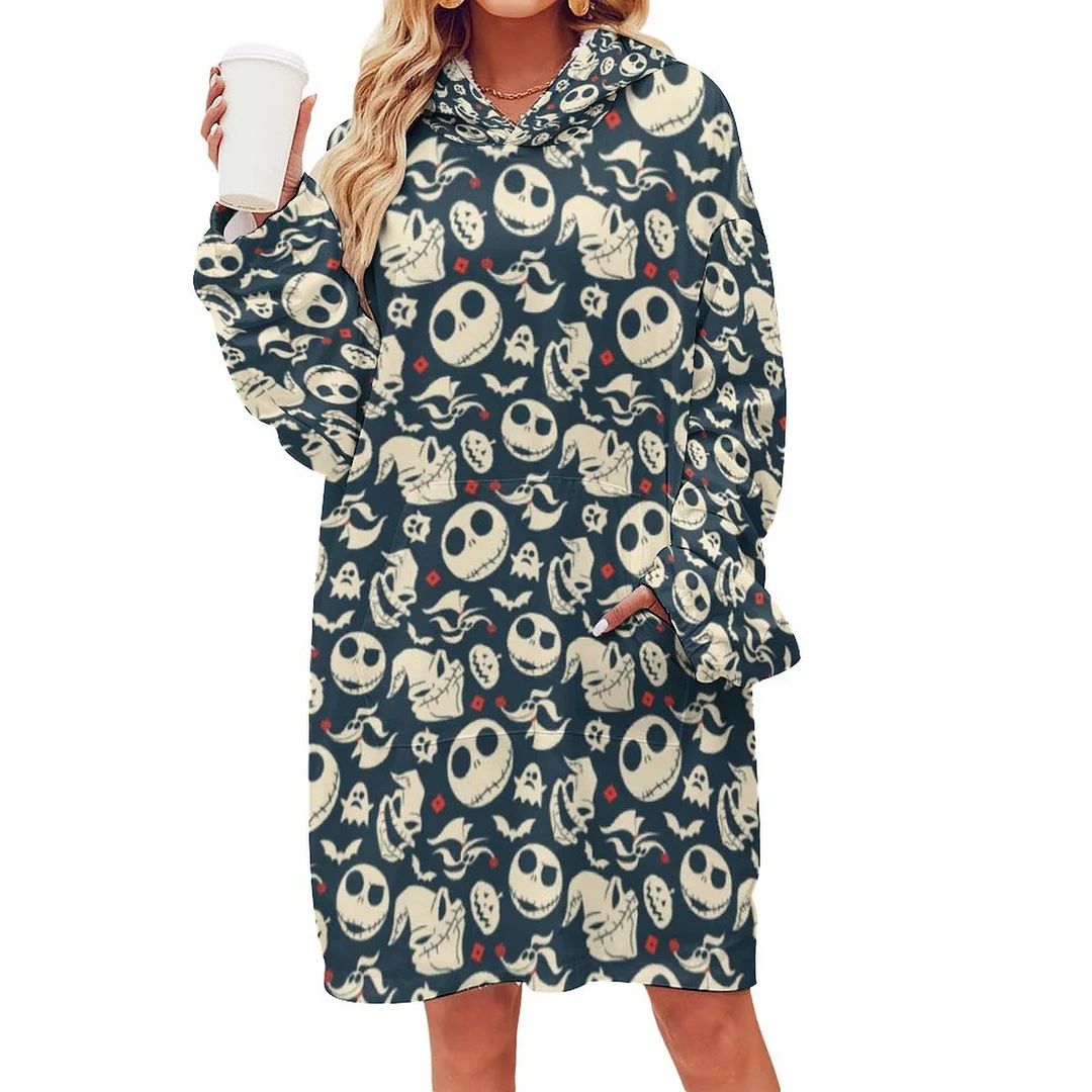 Nightmare Before Christmas Oh What Joy Oversized Sherpa Fleece Sweatshirt Blanket Hoodie Warm Cozy Wearable Tops with Pocket