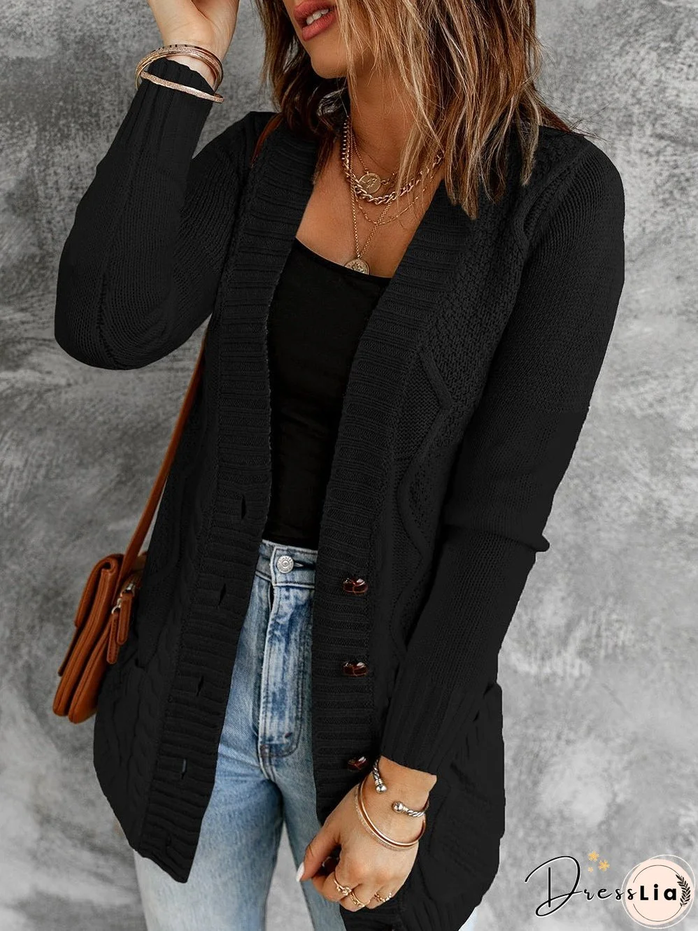 Cozy Black Knit Cardigan with Button-Up Front and Pockets