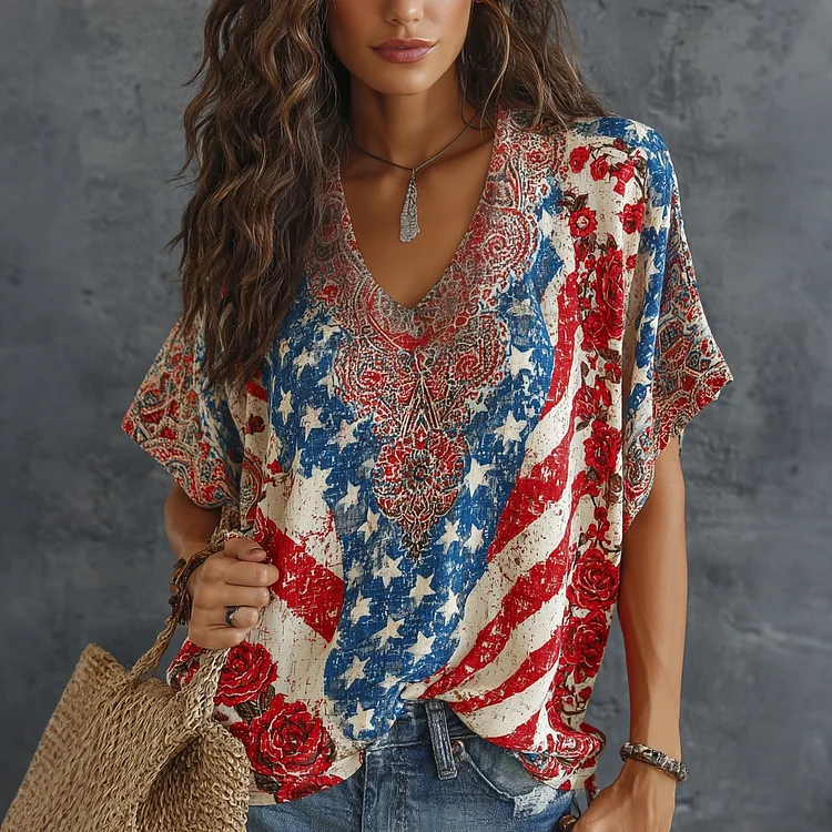 Women's Vintage Rose Flag Patchwork Art Linen Blend Casual  Tshirt