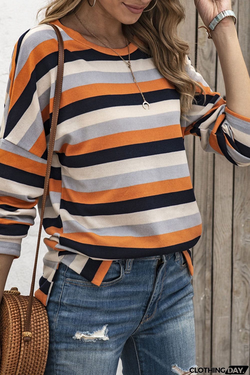Multicolor Striped Drop Shoulder Loose Top with Slits