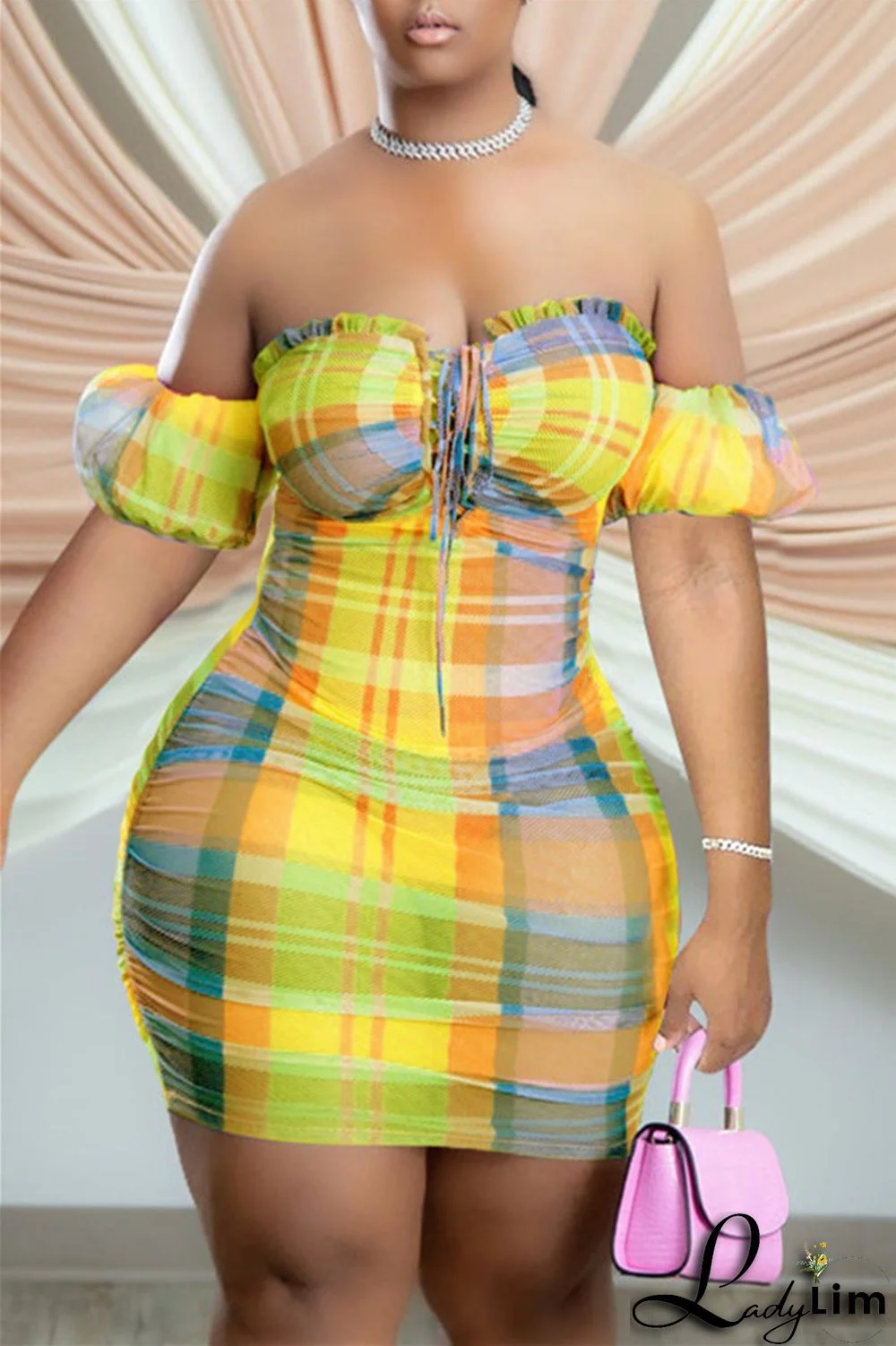 Yellow Fashion Sexy Print Backless Off the Shoulder Strapless Dress