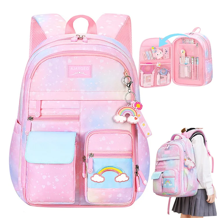 DAKIMOE Kids Backpack for Girls Multi-functional School Bags 15.6 Inch Laptop Bag with Plush Doll Pendant Large Size Durable and Cute Travel Daypacks for Teen Girls Women Students