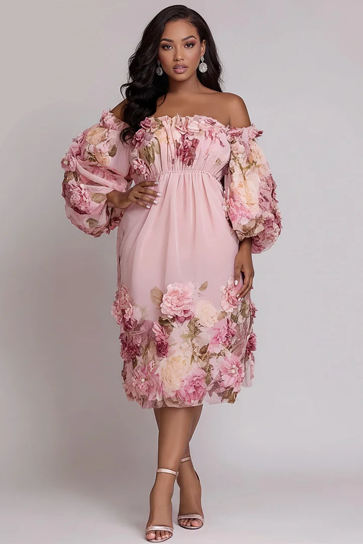 Xpluswear Design Plus Size Cocktail Party Pink Floral Off The Shoulder 3D Chiffon Midi Dresses 2024 - Xpluswear