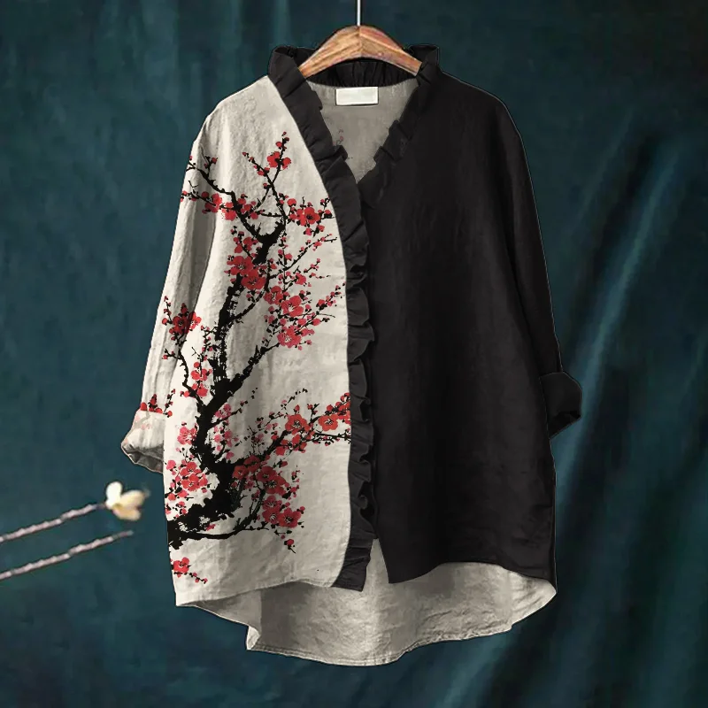 Red Plum Blossom Japanese Art Contrast Ruffle Trim Linen Blouse