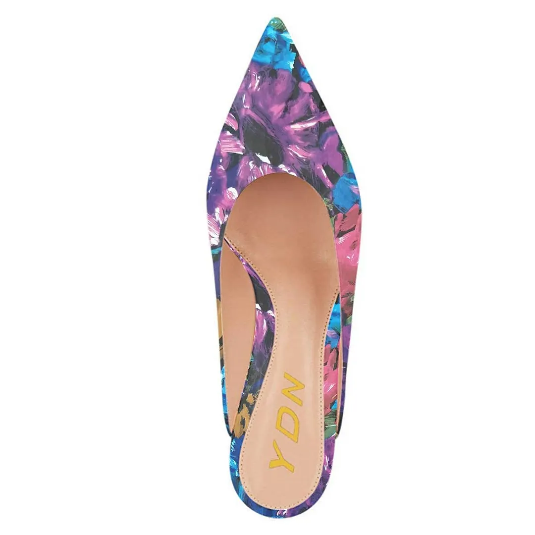 Multicolor Floral Print Kitten Heel Pointed Toe Mule Shoes for Women