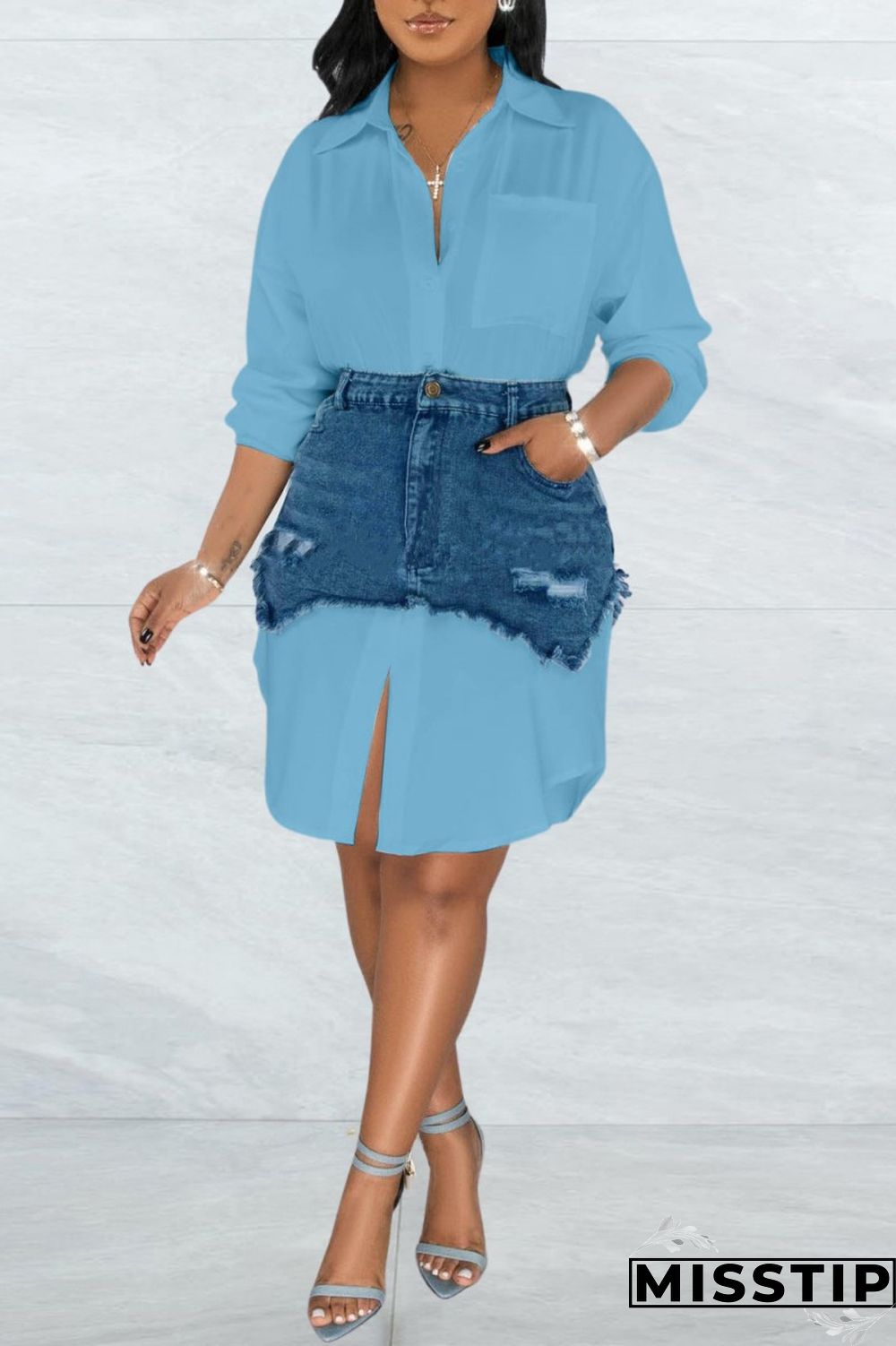 Black Casual Solid Ripped Turndown Collar Long Sleeve Two Pieces