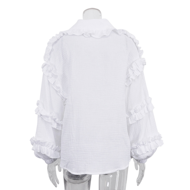 Ootddress White Ruffled Casual Shirts For Women Fashion Patchwork Cardigan Lapel Long Sleeve Outwear Slim Ladies Shirts 2025 New