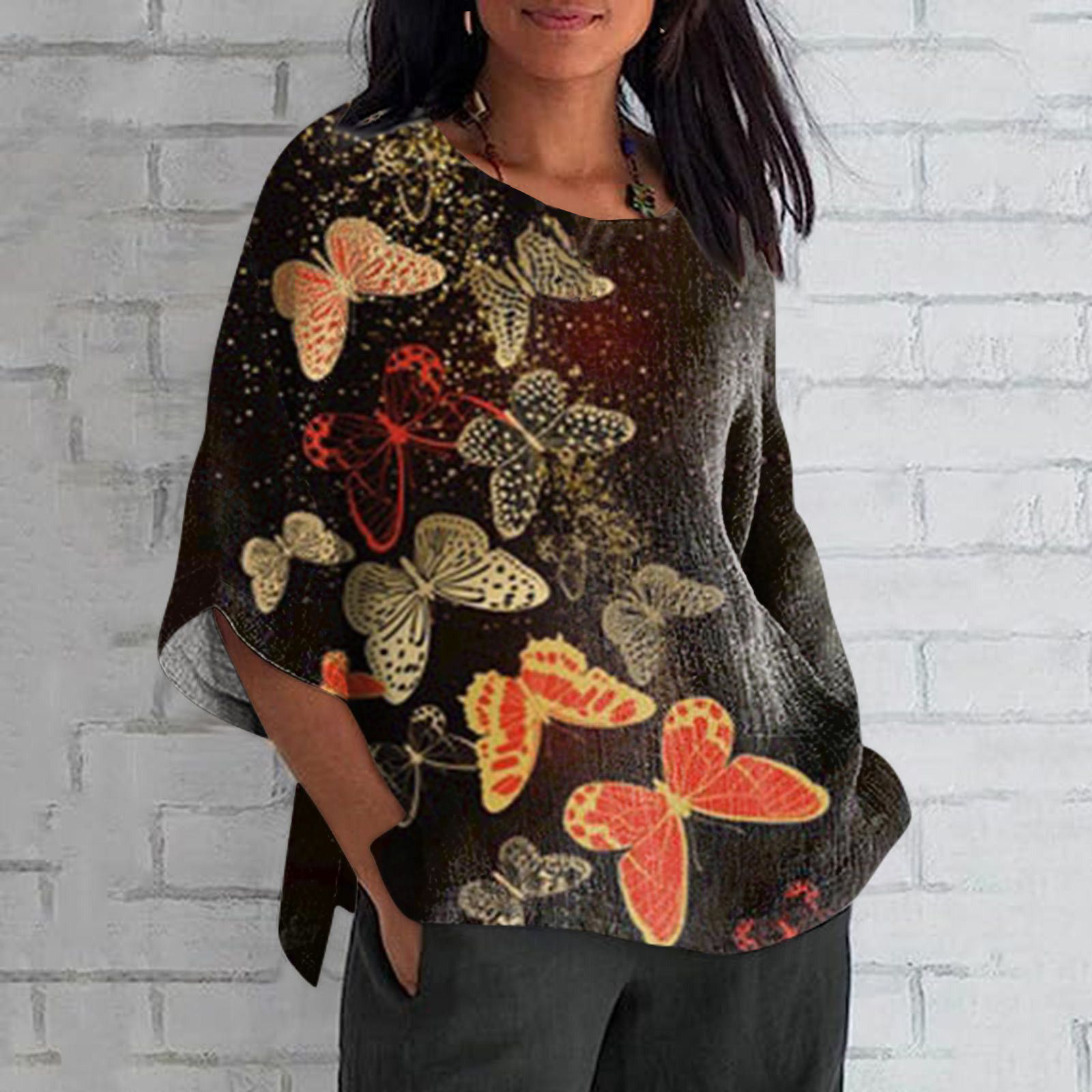 Comstylish Elegant  Japanese Art Butterfly Print Crew Neck Casual T-Shirt