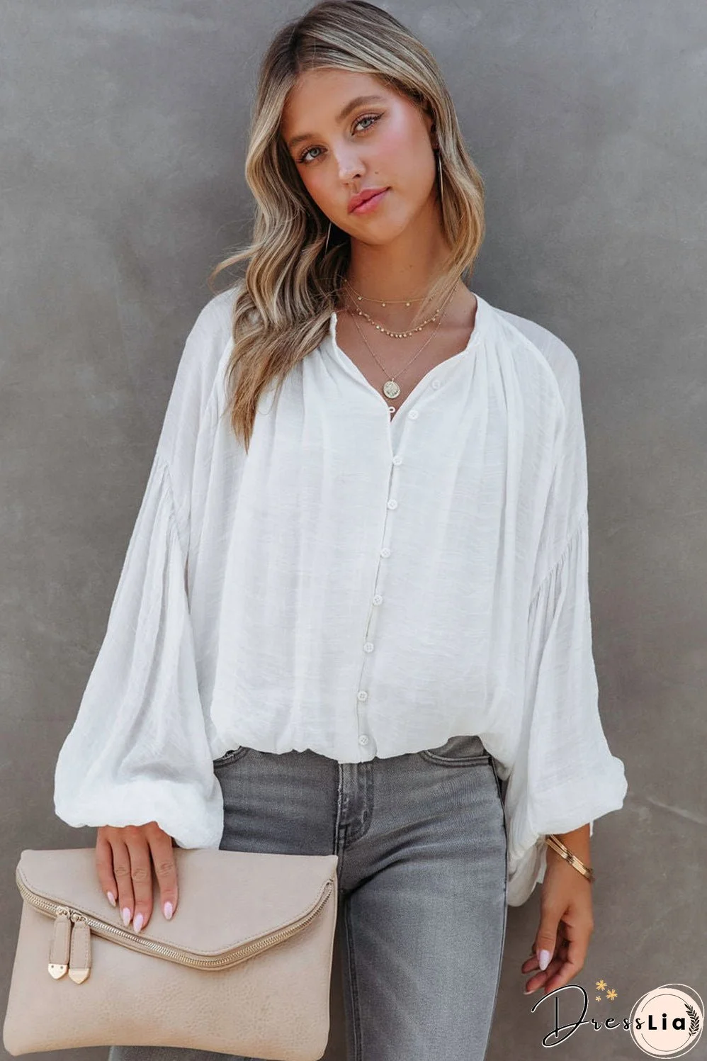 White V Neck Balloon Sleeve Shirt in Solid Color