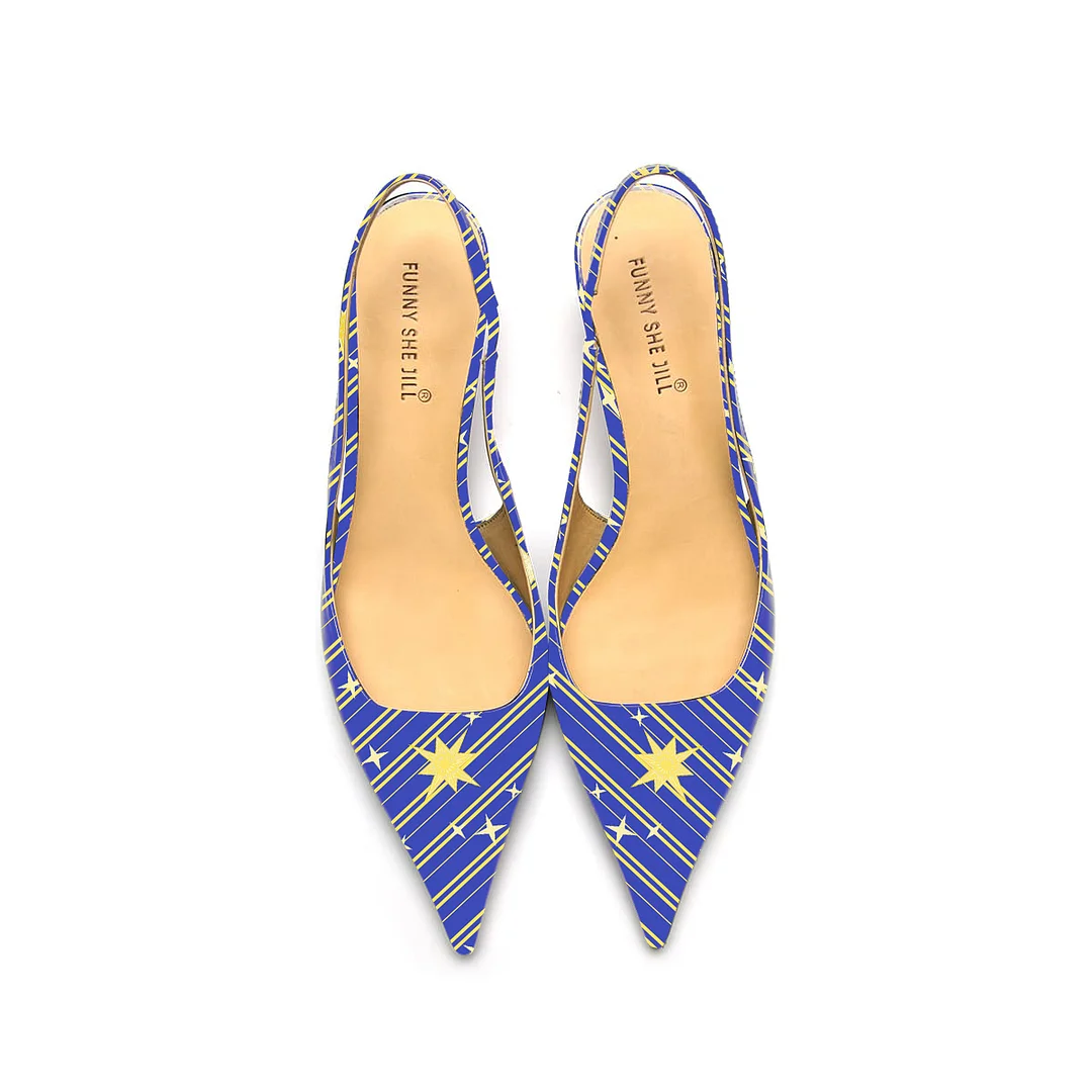 Star Pattern Patent Leather Pointed Toe Elegant Kitten Heel Slingback Dress Pump Shoes