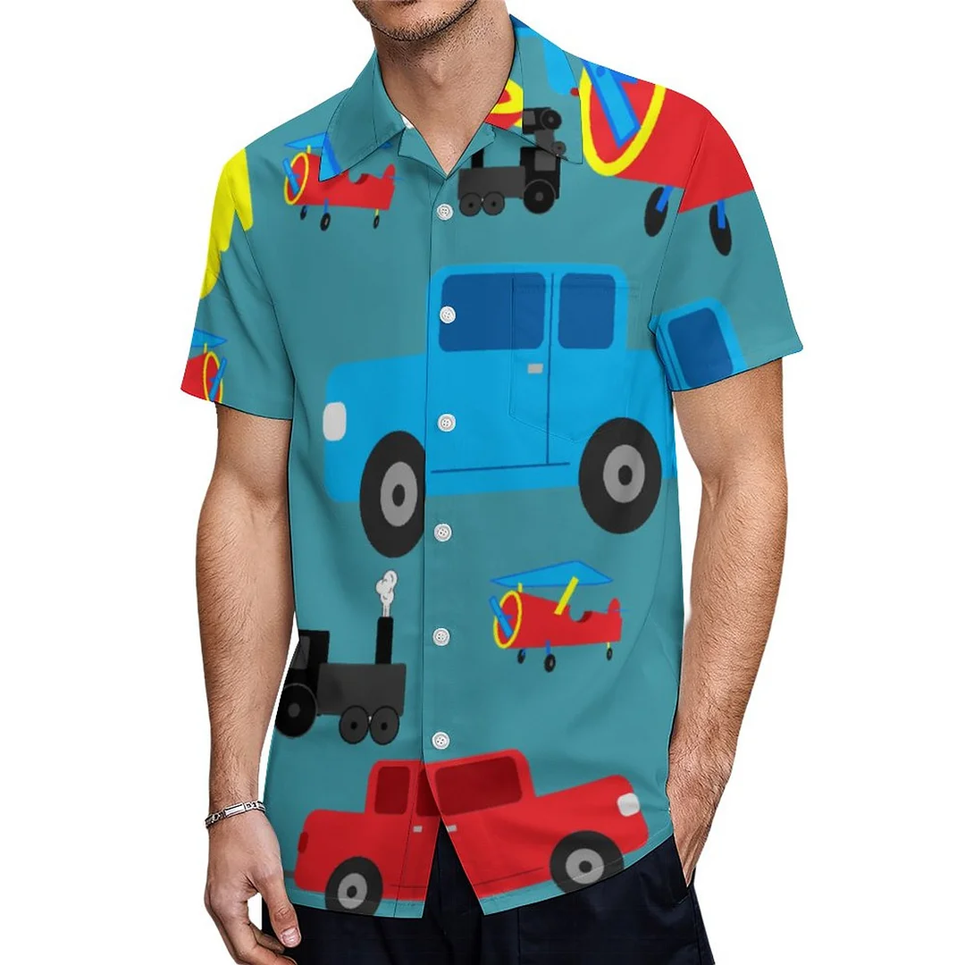 Short Sleeve Colorful Planes Trains And Cars Hawaiian Shirt Mens Button Down Plus Size Tropical Hawaii Beach Shirts