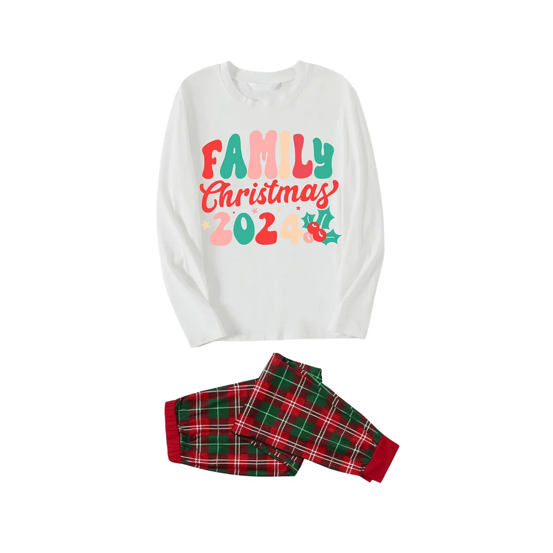 "Family Christmas 2024" Colorful Letter Pattern White Long Sleeve with White&Red&Green Plaid Pants Family Matching Pajamas