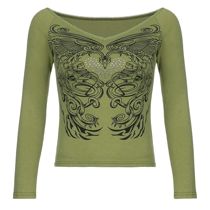 Rapcopter Floral y2k Crop Top Rhinestone Grunge Fairycore T Shirt White Frill Long Sleeve Pullover Kawaii Autumn Sweet Tee Women