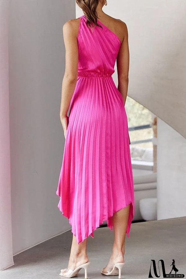 MidiSono - Satin One Shoulder Pleated Midi Dress
