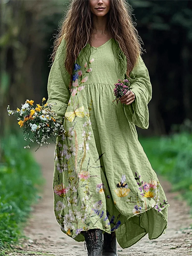 Mori Floral Pattern Linen Blend Cozy Maxi Dress