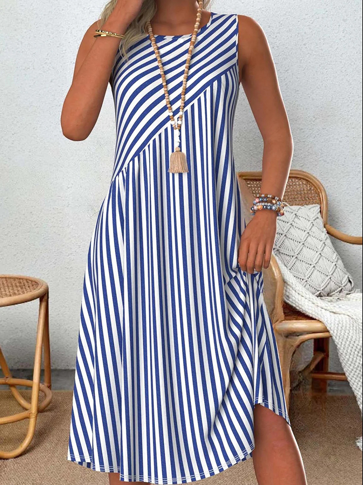 Comstylish Striped Crew Neck Tank Midi Dress
