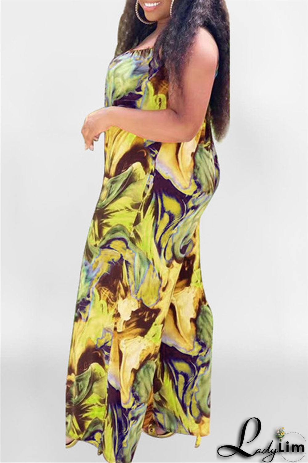 Coffee Sexy Casual Print Backless Spaghetti Strap Plus Size Jumpsuits