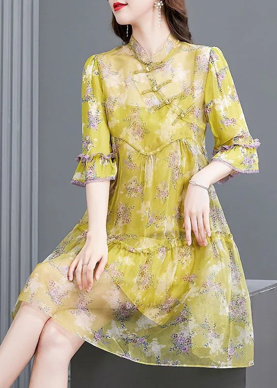 Modern Yellow Print Patchwork Chinese Button Silk Mid Dress Summer