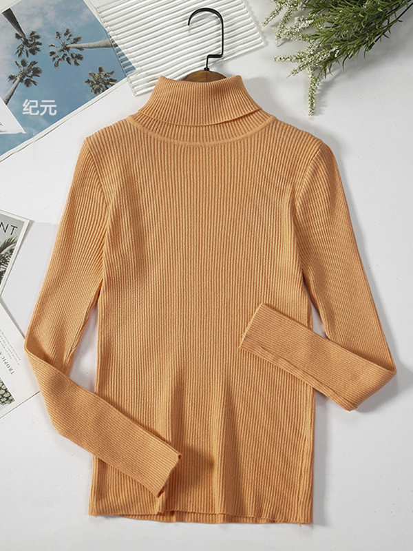 Simple Skinny Solid Color High-Neck Sweater Tops ORANGE-One_size