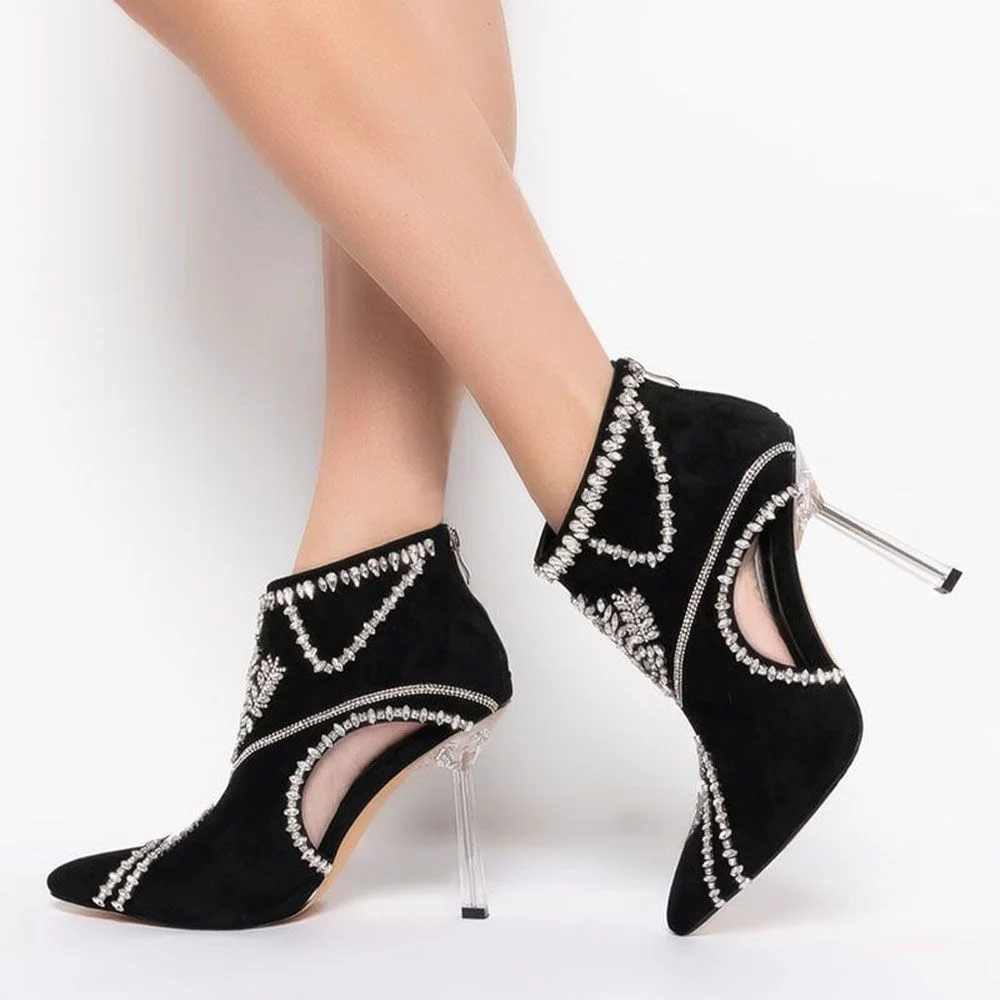 Black Suede Ankle Boots Stiletto Heels With Rhinestone Decors Nicepairs