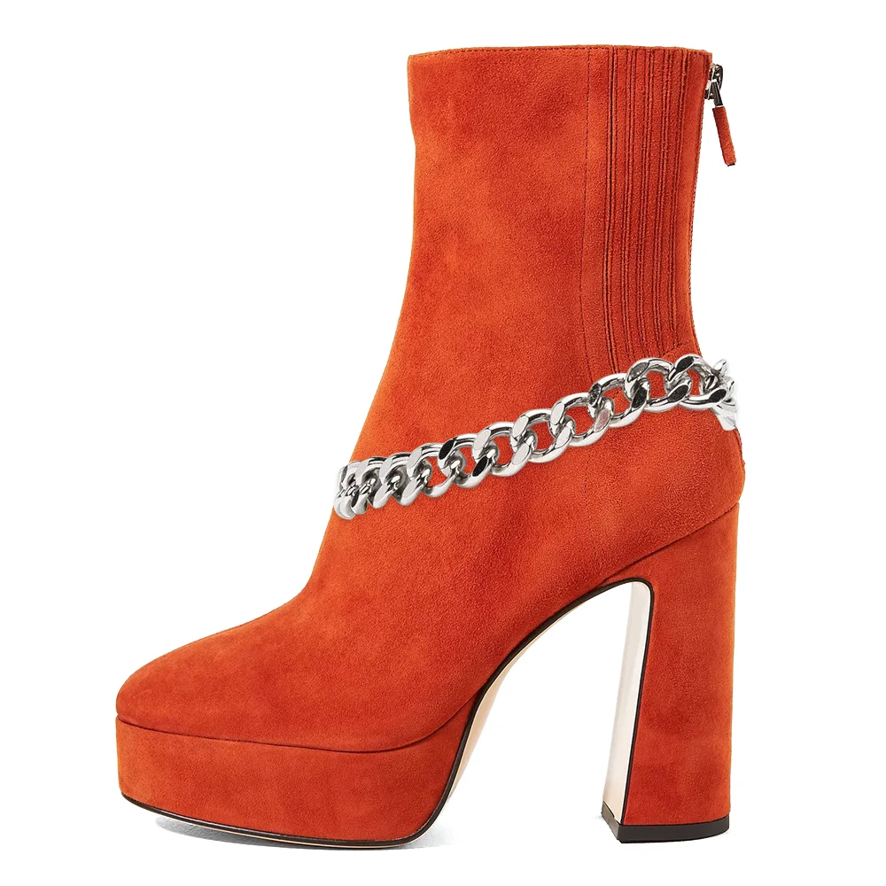 Orange Platform High Root Chunky Heel Calf Boots with Chain Nicepairs