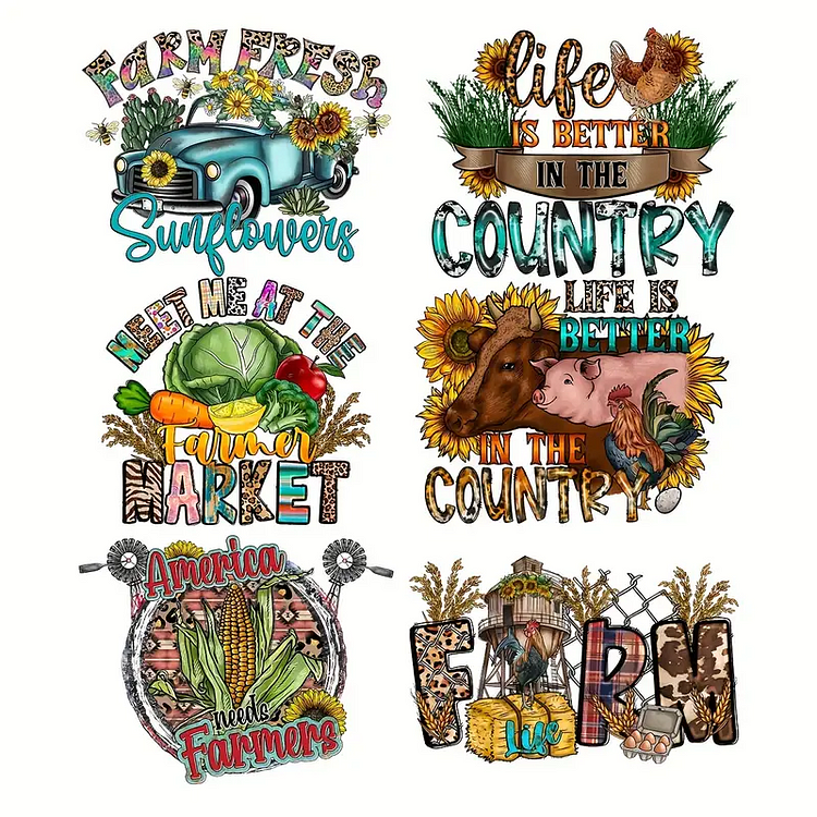 6pcs/set Country Farm Theme DIY Heat Transfer For T-Shirt Arts Craft Home Decors