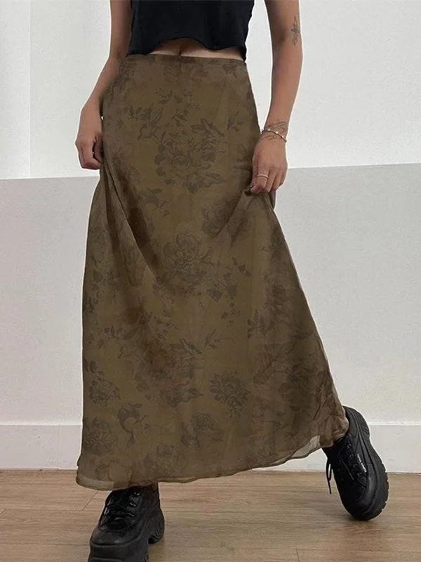 Brownm vintage floral mesh maxi skirt