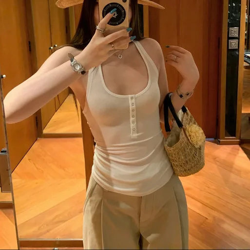 Nigikala Nigikala Girls White Hanging Neck Sling Vest Outside Wearing Women's Summer New Thin Back Shirt Long Top