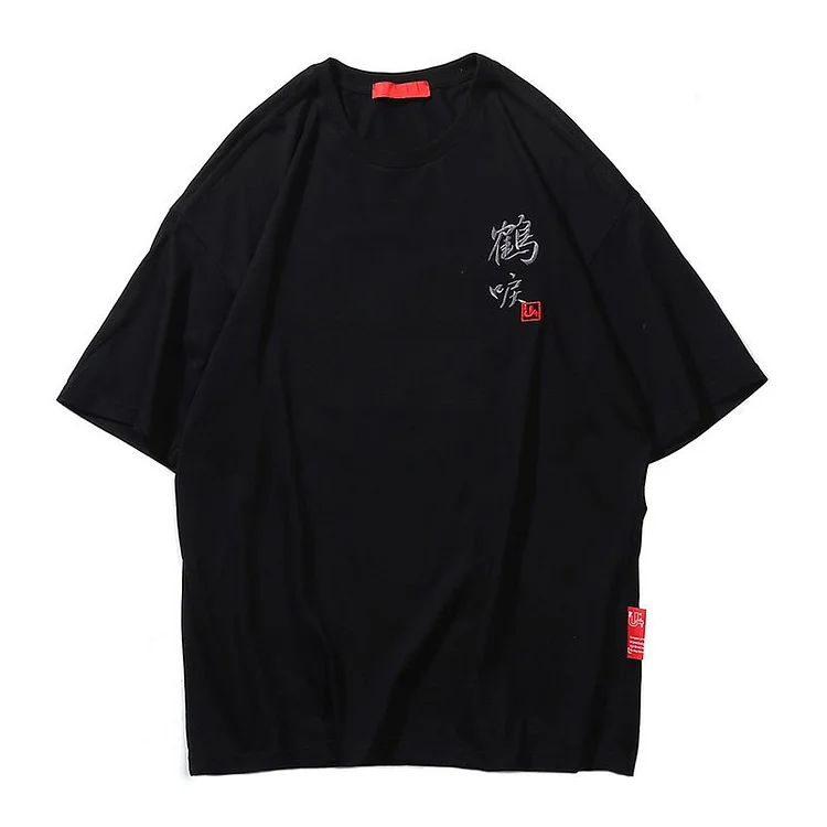 Hip Hop Harajuku Embroidery Crane T-Shirt at Hiphopee