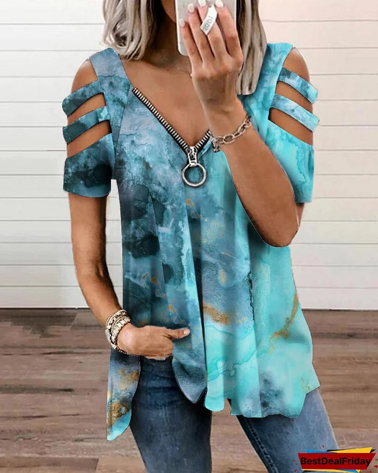 Zip Front Tie Dyed Cutout Sleeve T shirt P7572133147
