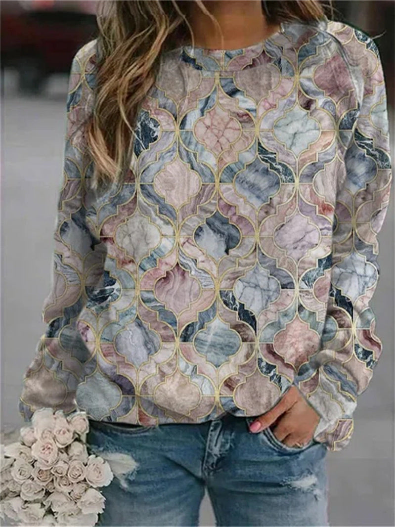 Women Long Sleeve V-neck Graphic Floral Printed Top
