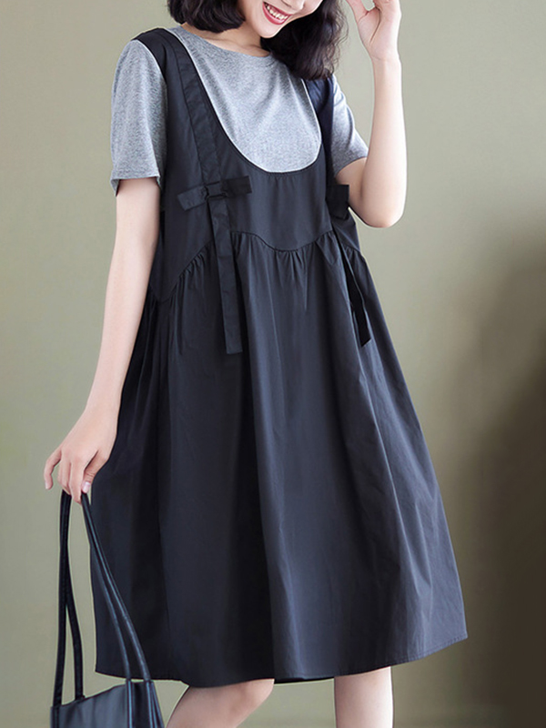 Fake Two-piece Patchwork Short Sleeve Midi Dress